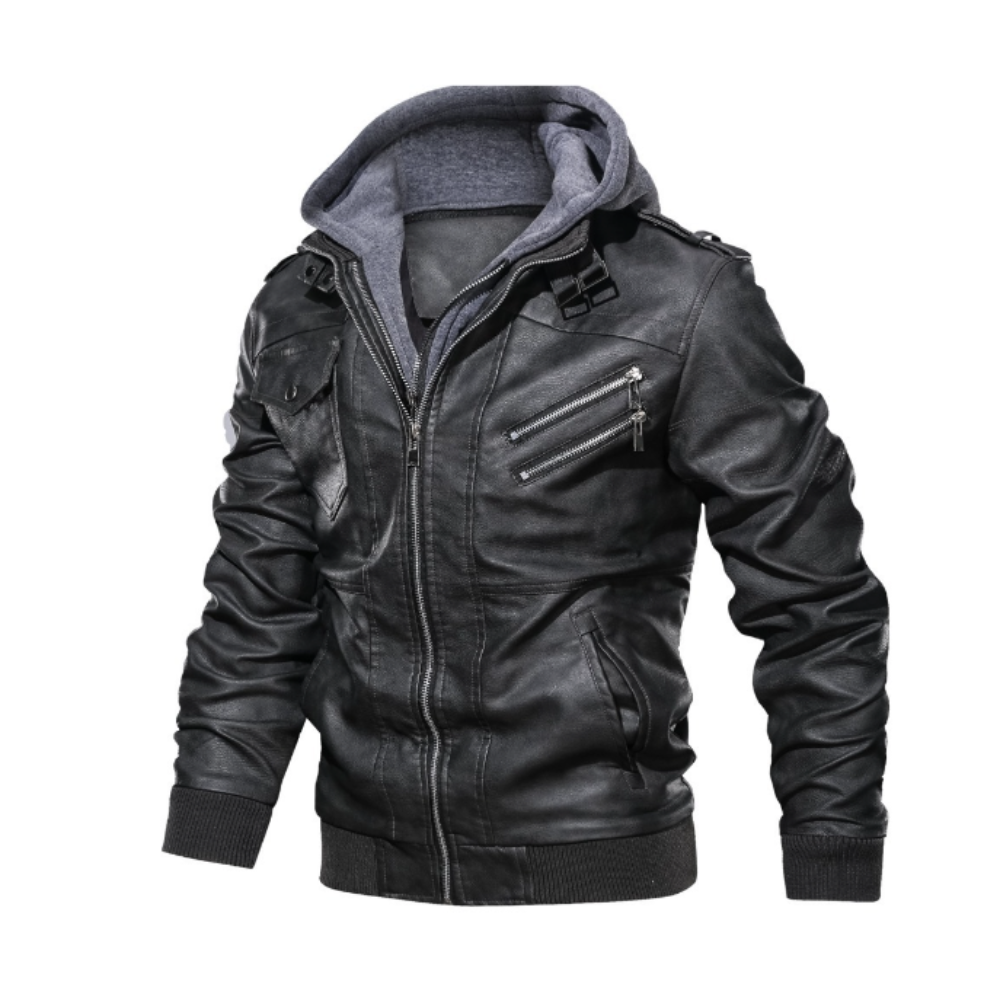 Mens Hooded Faux Leather Biker Jacket
