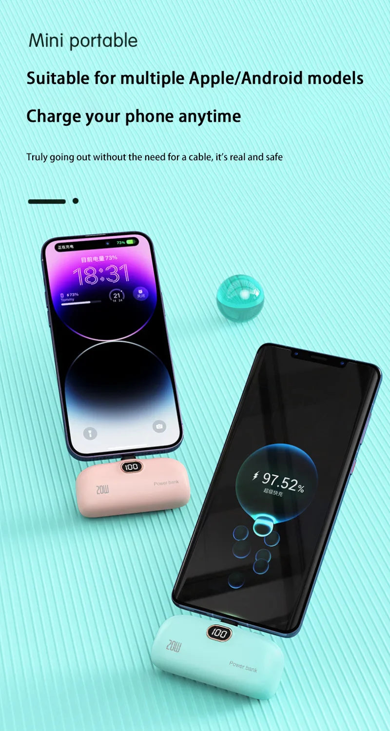Mini Power Bank 2000/5000mAh Built Cable Portable Mobile Charger Fast Charger