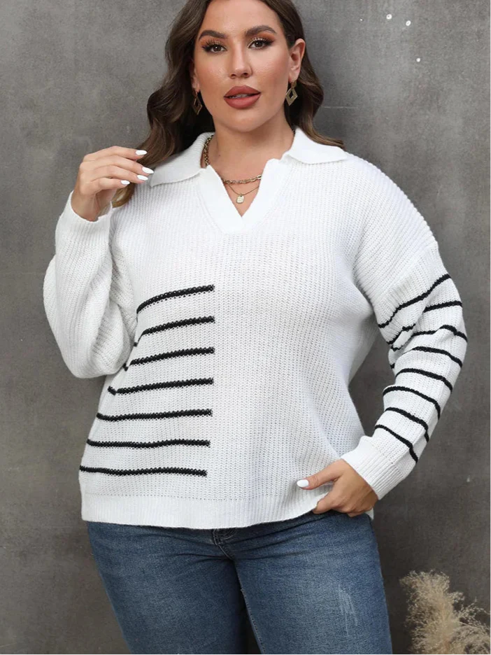 Plus Size Drop Shoulder Striped Knitted Pullover Sweater