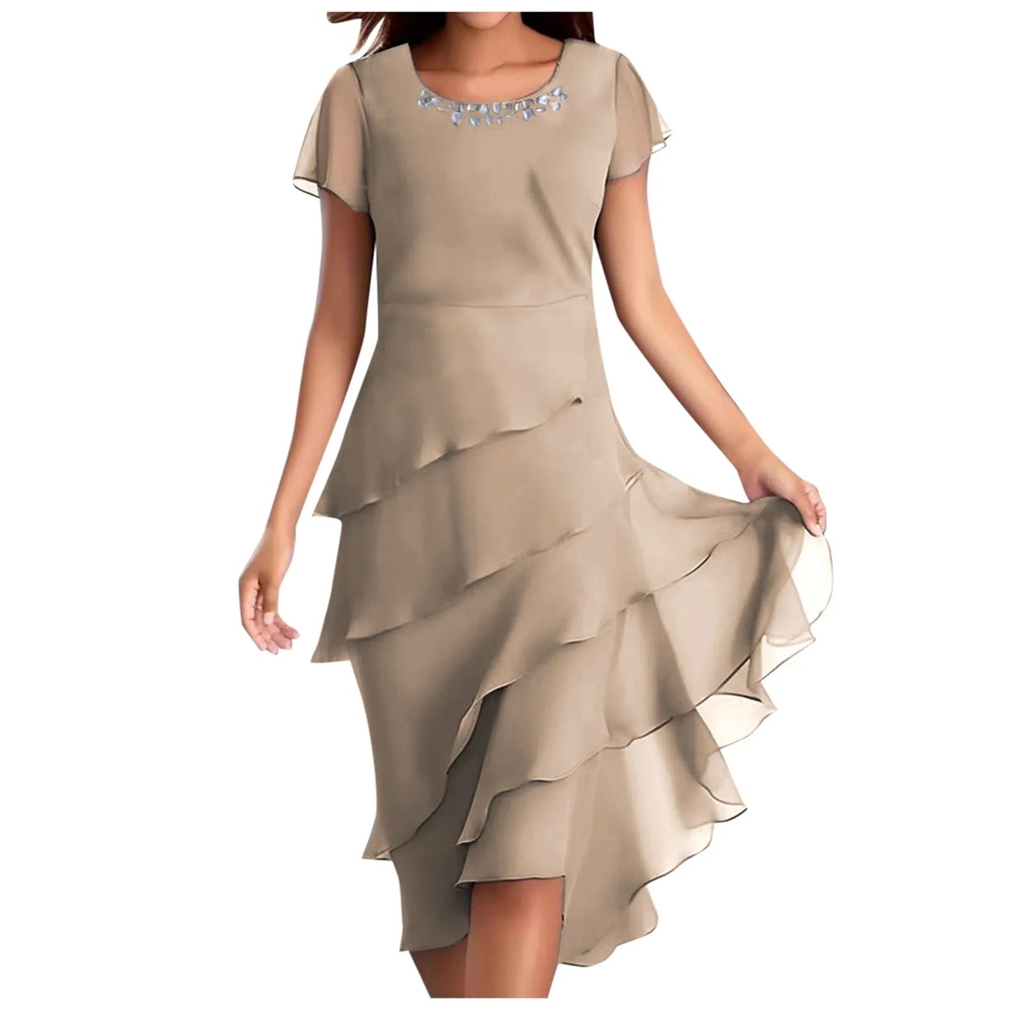 Plus Size Short Sleeve Round Neck Chiffon Paneled Dresses