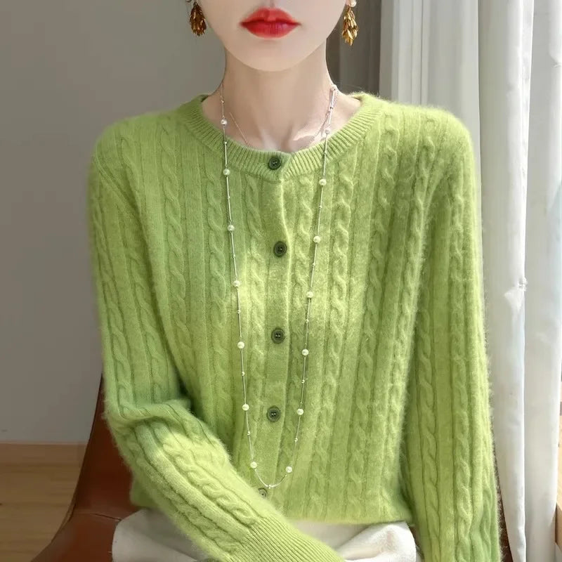 Long Sleeve Knitted O-neck Basic Thick Warm Cardigan