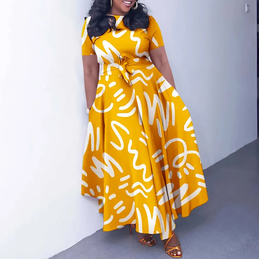 Printed Belted Dress Elegant  Knee-Length Round Neck Short Sleeve Dress