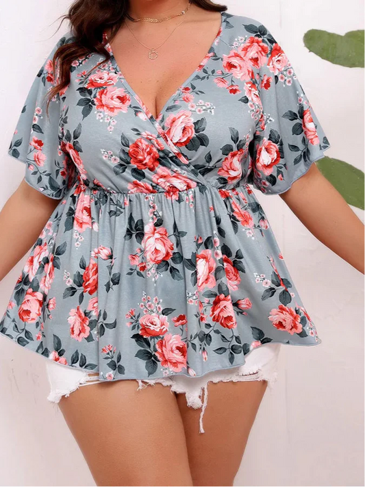 Plus Size Floral Print Casual Peplum Blouse