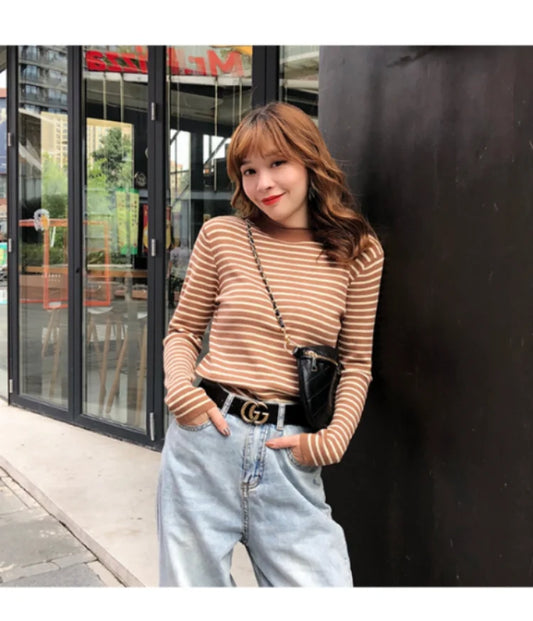 Mock Neck Pullover Long Sleeve Casual Striped Knitted Sweaters