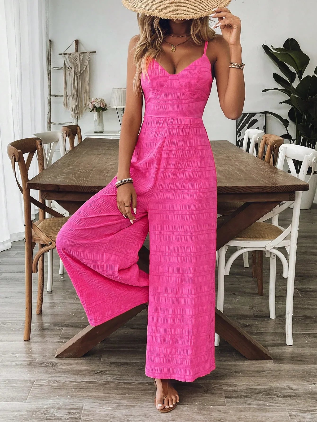 Women's Jumpsuits  Rose Red Sexy Backless Strap Wide-foot Jumpsuits