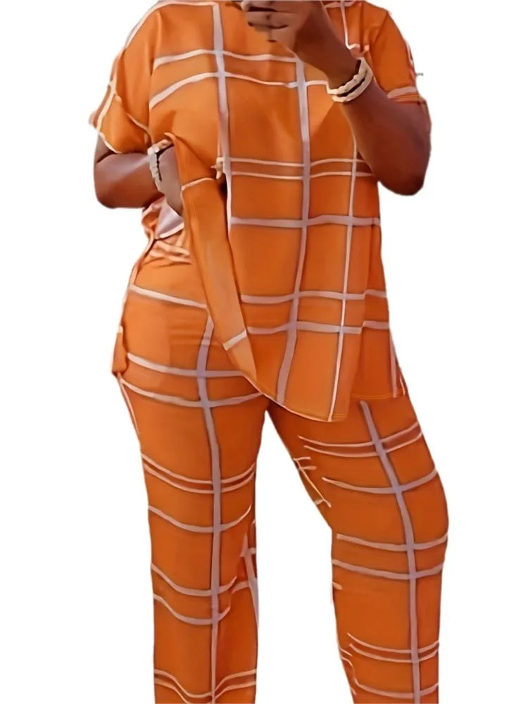 Elements Striped Grid Printed Casual Round Neck  Two Piece Set