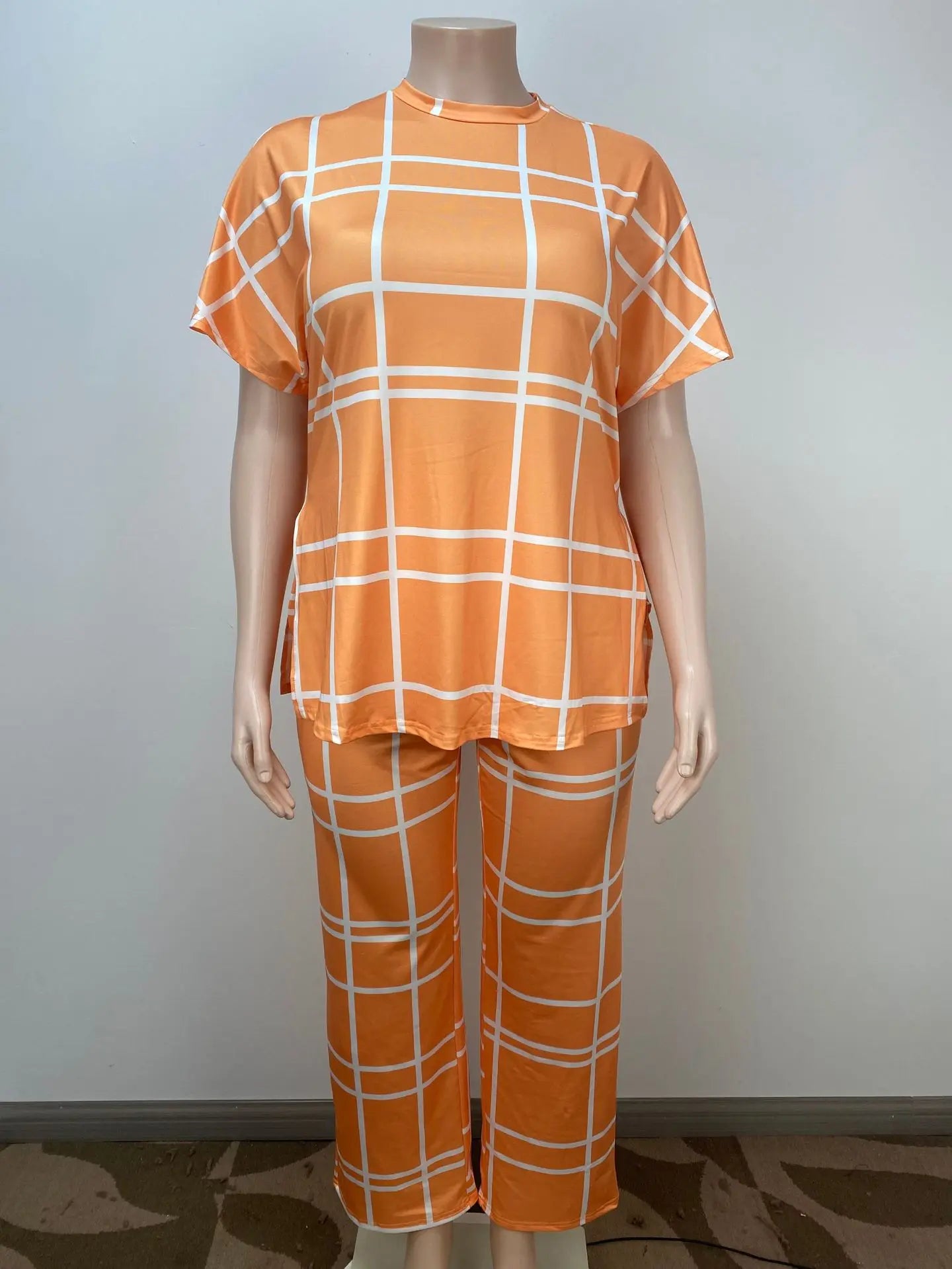 Elements Striped Grid Printed Casual Round Neck  Two Piece Set