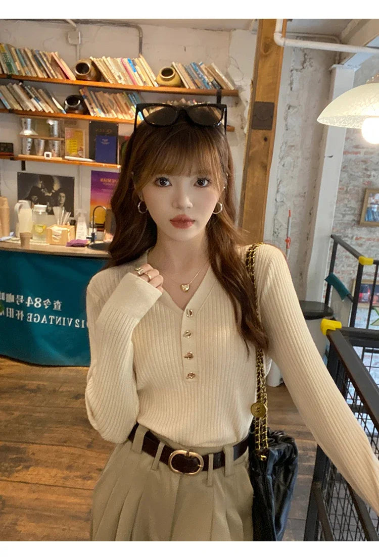 Sweaters Casual Slim Button Knitted Pullover Sweater