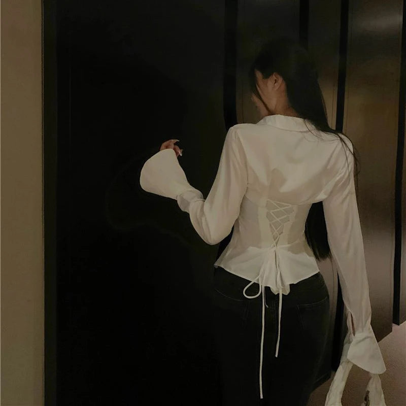 Gidyq Fashion Women Bandage Shirts Korean All Match