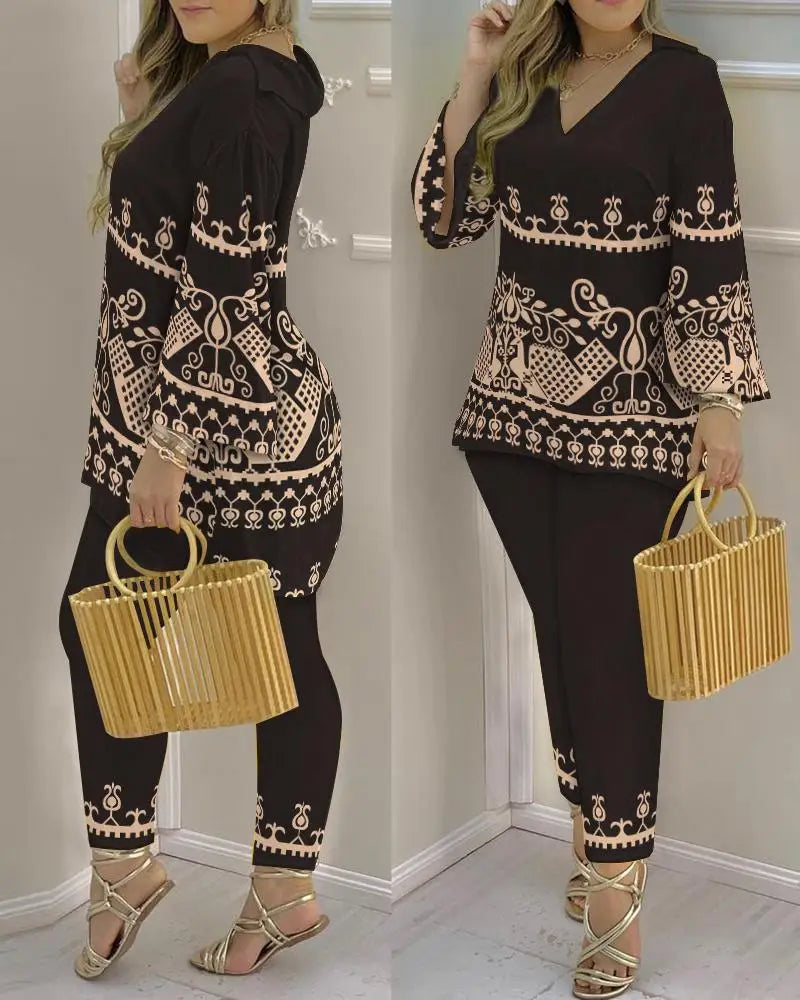 Long Sleeve V-neck Polyester Printing Two Pieces Sets