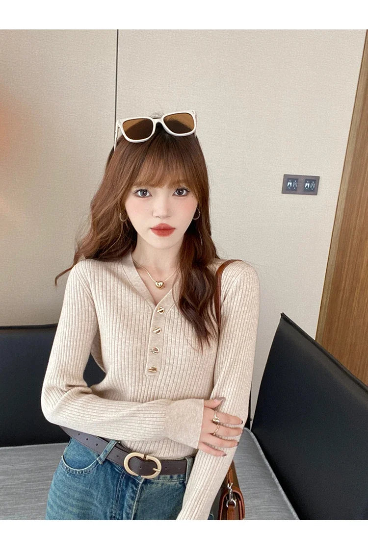 Sweaters Casual Slim Button Knitted Pullover Sweater