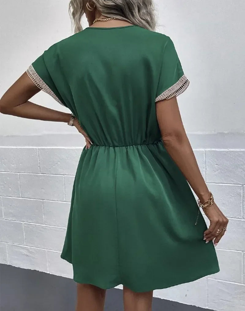 Short Sleeve V-neck Ruffle Waist Cross-border  Elastic Waist Dress