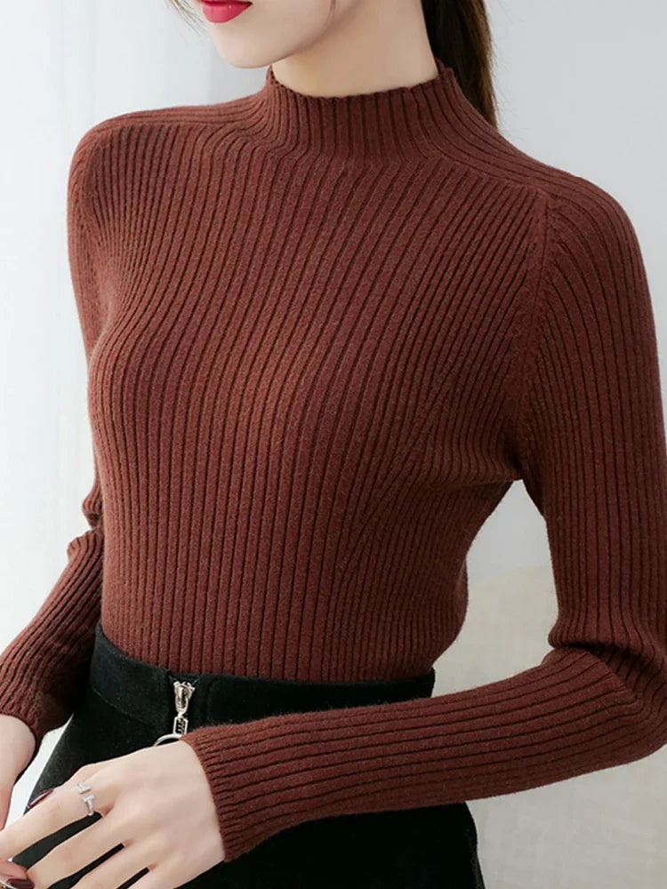 Pullover Mock Neck Long Sleeve Slim Sweater