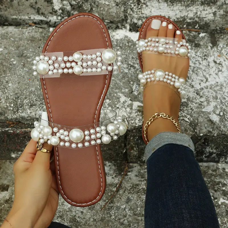 Women's Flat Pearl Decor Slippers for Summer Beach