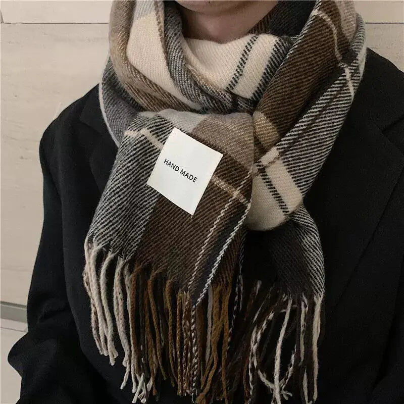 Versatile Retro Plaid Scarf with Tassels for Women