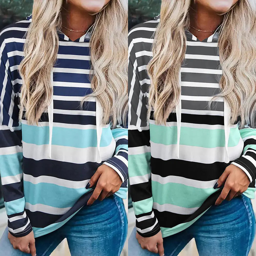 Women's Striped Hooded Casual Sweatshirt Top