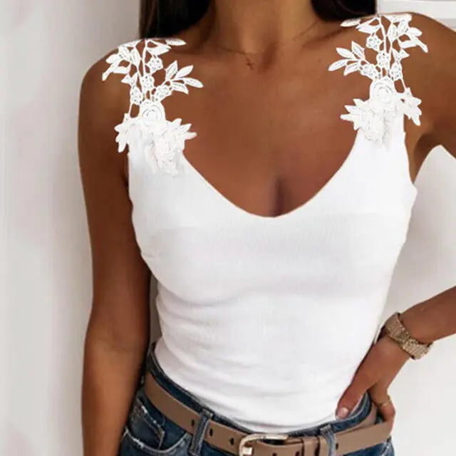 Lace Petal Tank Top  V-Neck Casual T-Shirt