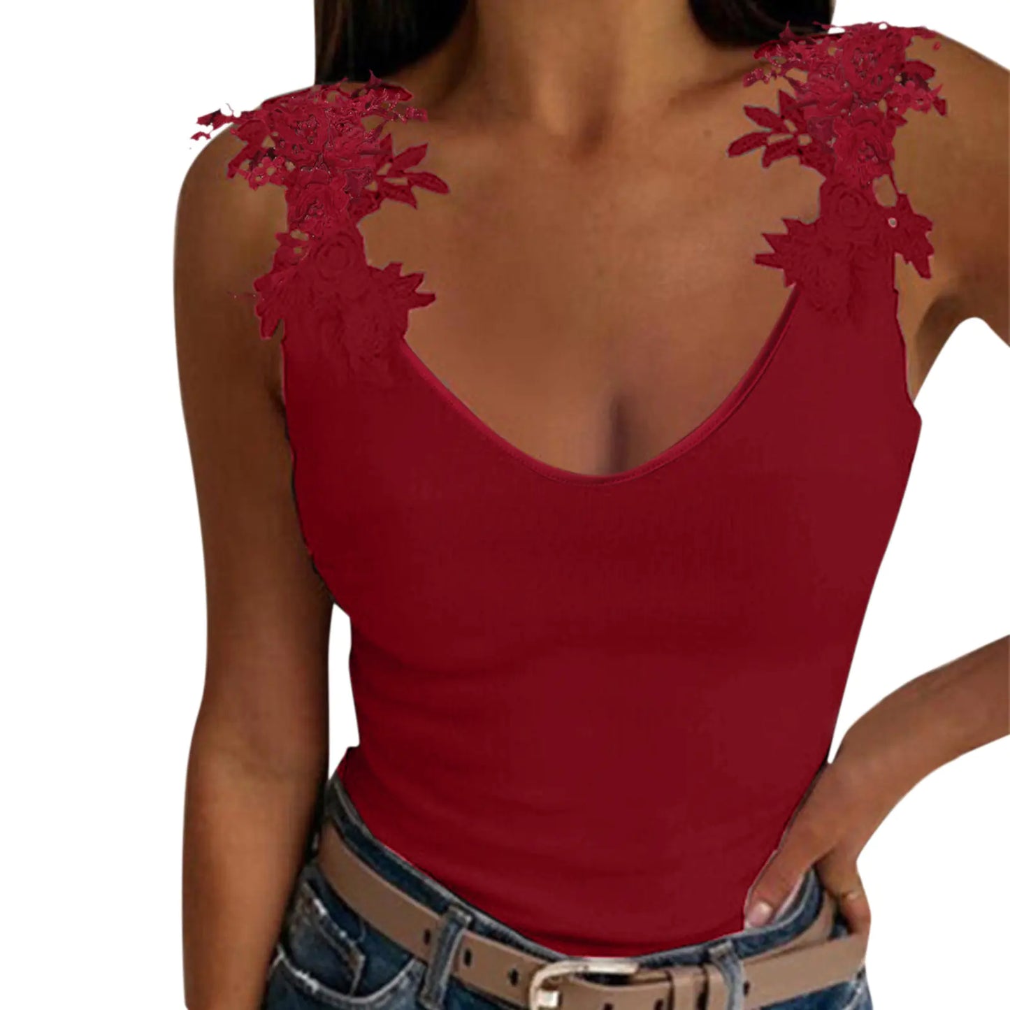 Lace Petal Tank Top  V-Neck Casual T-Shirt