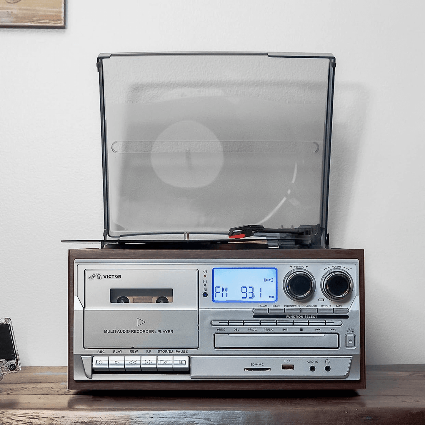 Victor Cosmopolitan 8-in-1 Turntable Music Center with Bluetooth, USB & Cassette