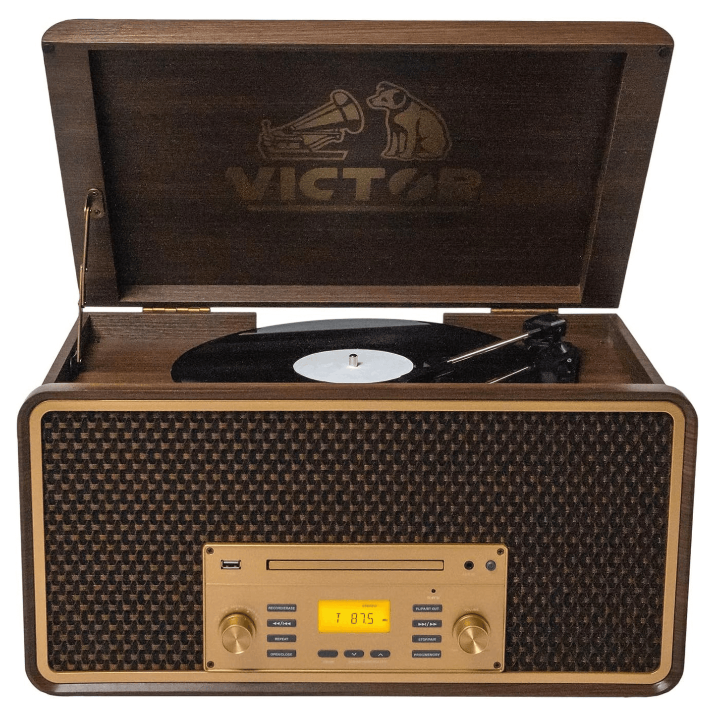 Victor Monument 8-in-1 Wood Music Center with 3-Speed Turntable & Dual Bluetooth