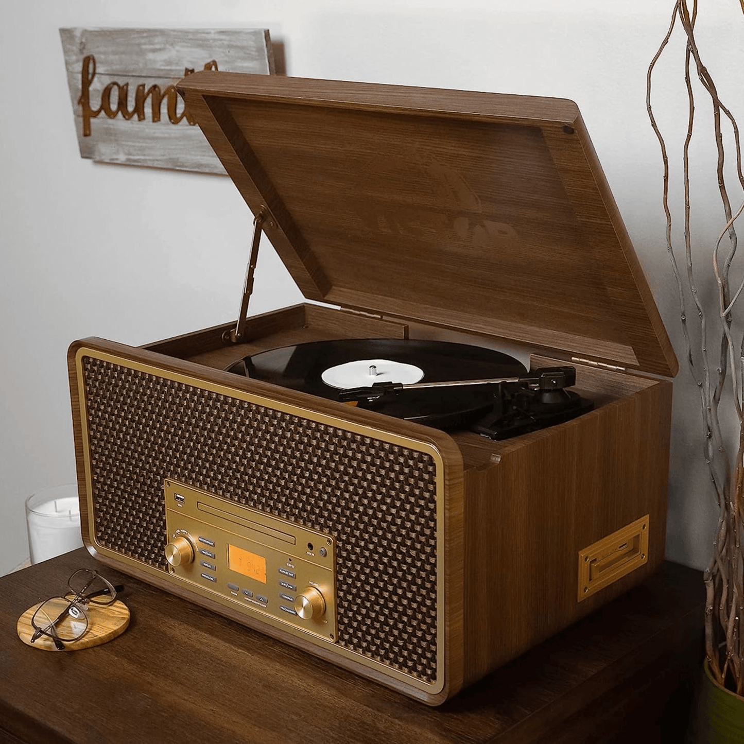 Victor Monument 8-in-1 Wood Music Center with 3-Speed Turntable & Dual Bluetooth