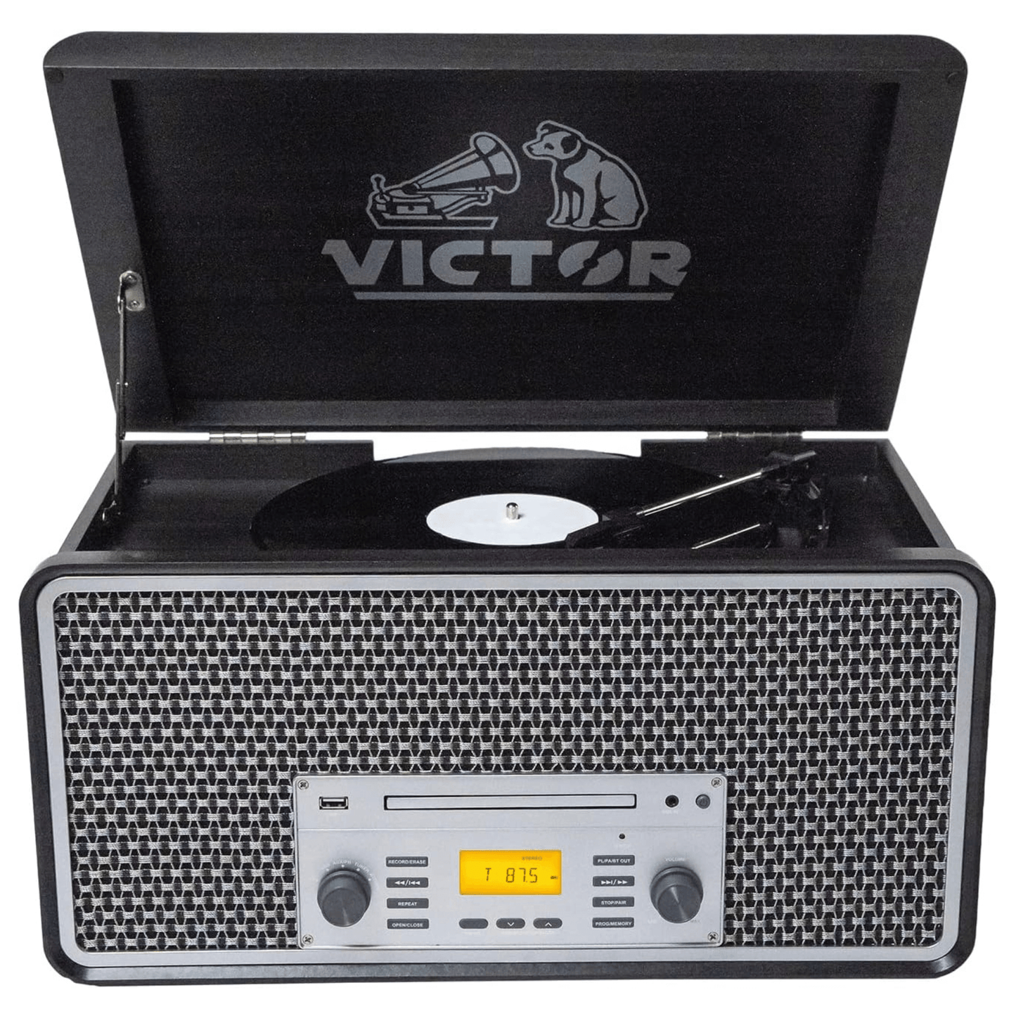 Victor Monument 8-in-1 Wood Music Center with 3-Speed Turntable & Dual Bluetooth