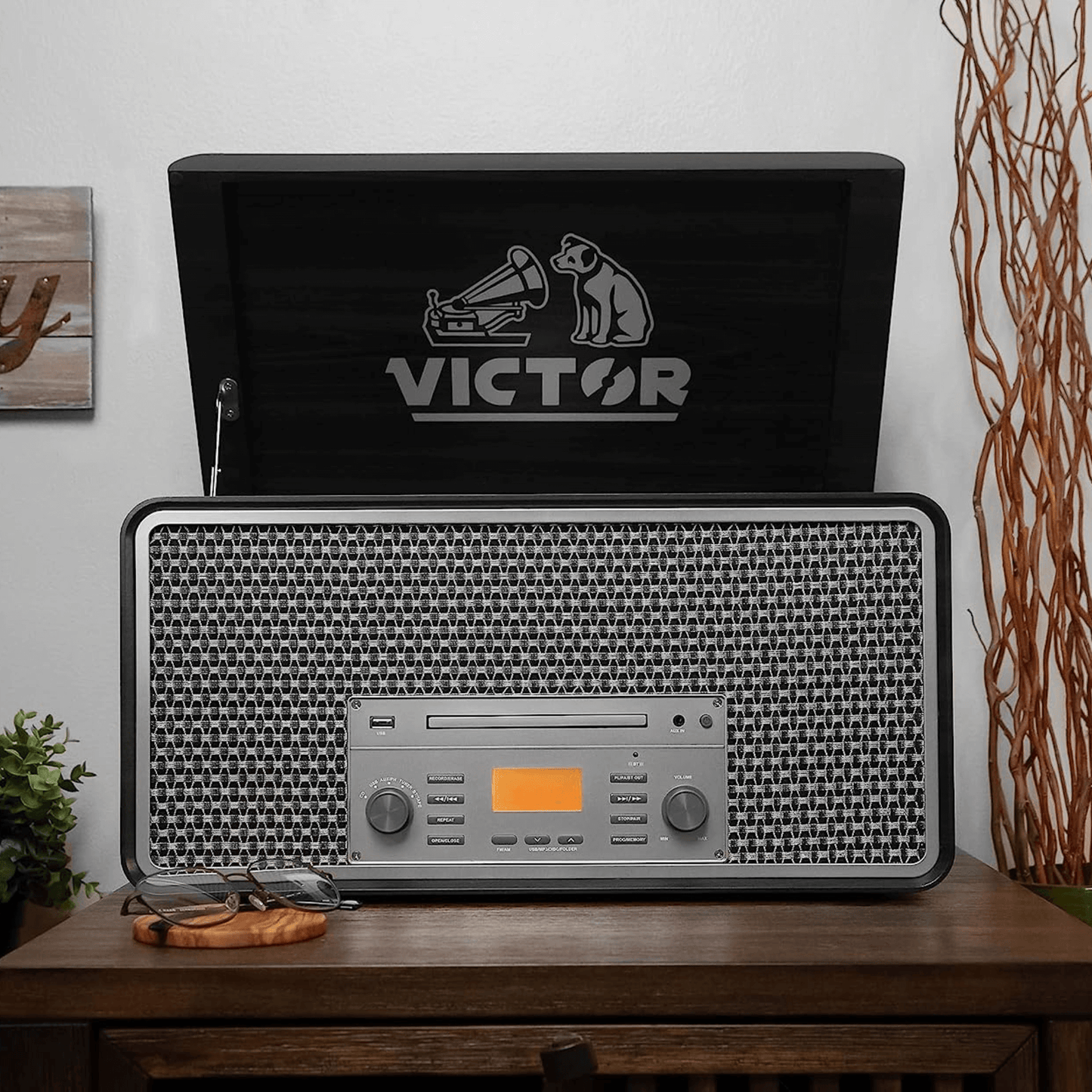 Victor Monument 8-in-1 Wood Music Center with 3-Speed Turntable & Dual Bluetooth