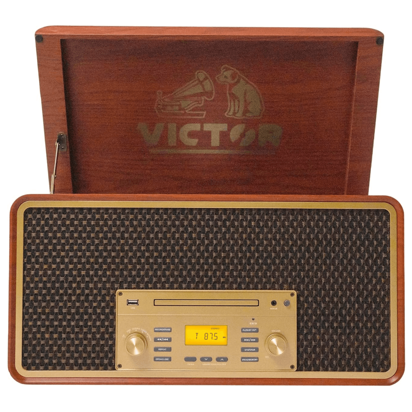 Victor Monument 8-in-1 Wood Music Center with 3-Speed Turntable & Dual Bluetooth