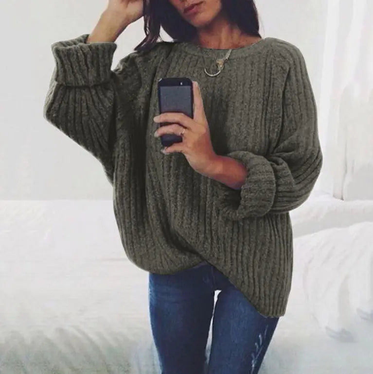 Women's Solid Color Round Neck Sweater Top