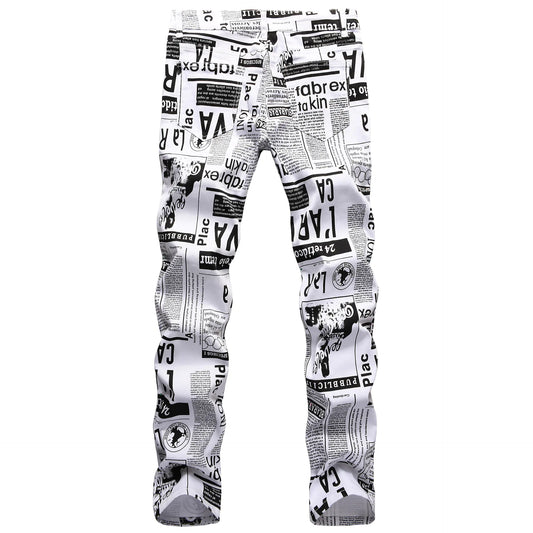 Trendy Asymmetric Printed Denim Pants for Men