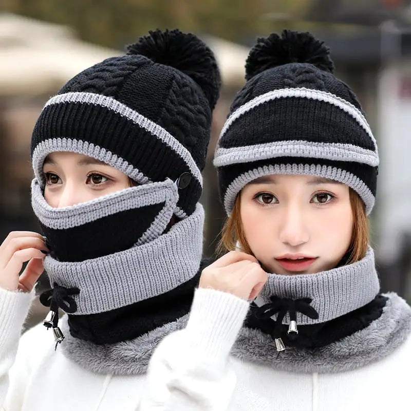 Women's Warm Knitted Beanie Hat and Scarf Set (3pcs)