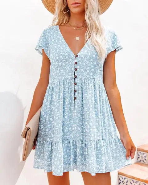 V-Neck Button Floral Short Sleeve Casual Dress