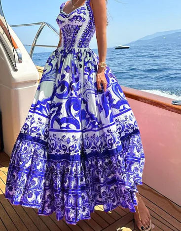 Printed Sleeveless Spaghetti Strap Dress with Waist Control