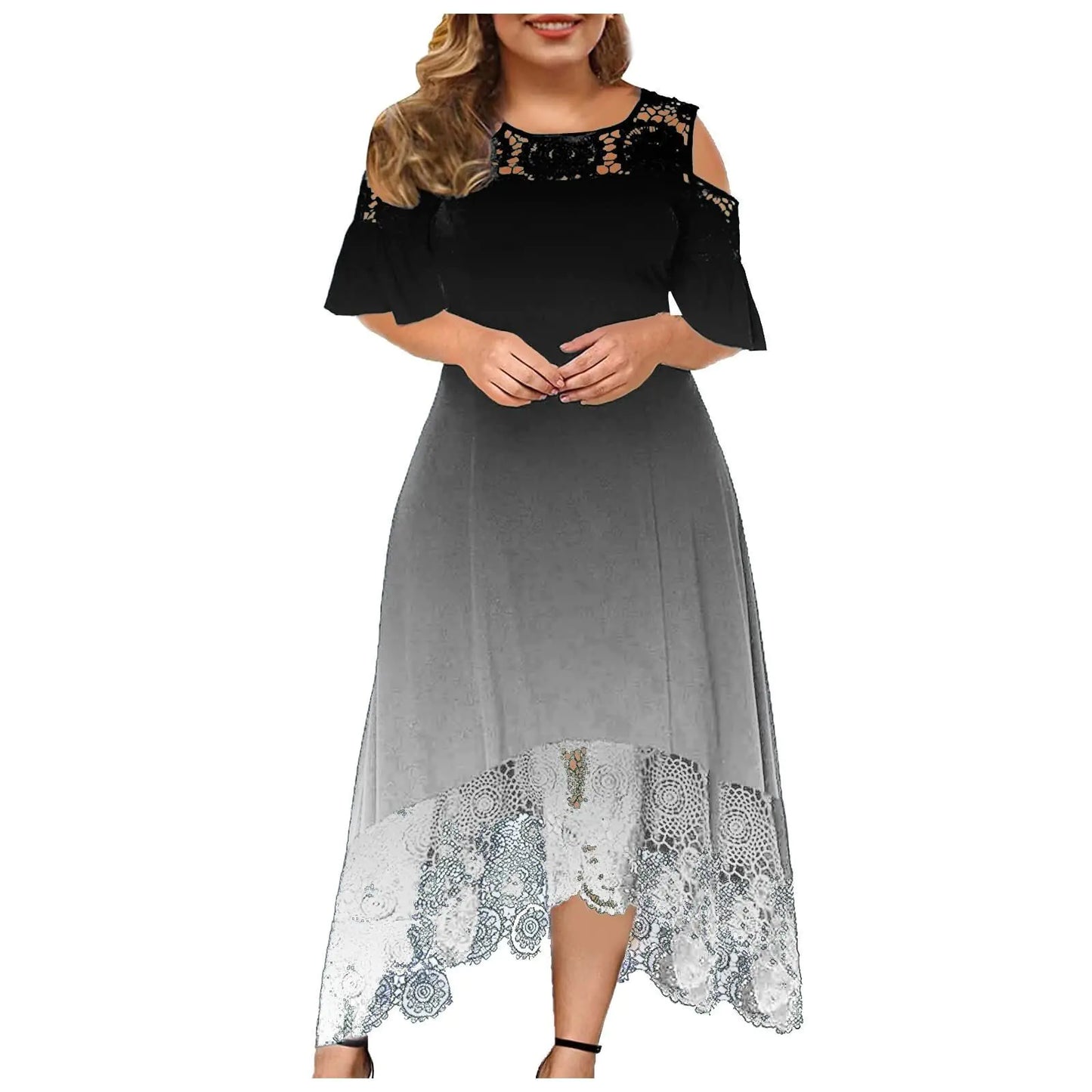 Trendy Plus-Size Gradient Lace Shoulder Dress for Women