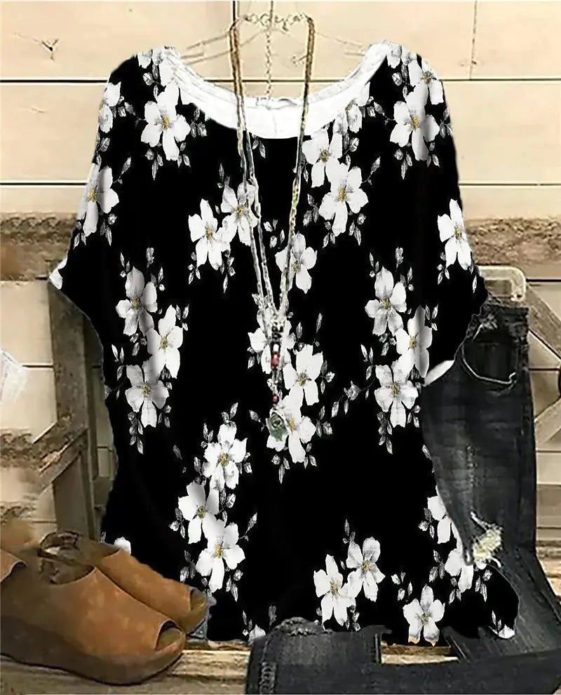 Floral 3D Print Round Neck Women's T-Shirt (Casual)