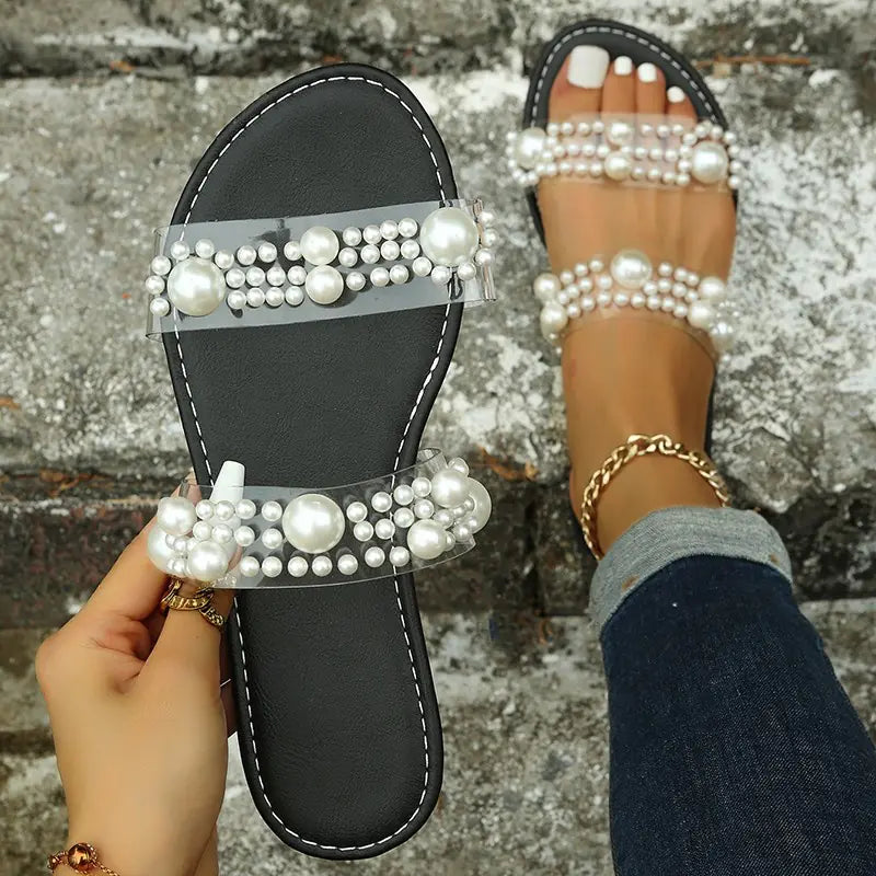 Women's Flat Pearl Decor Slippers for Summer Beach