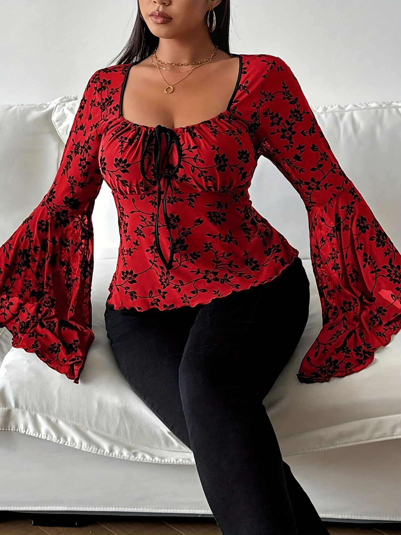 Chic Red Floral Plus Size Top Puffed Sleeves Bows