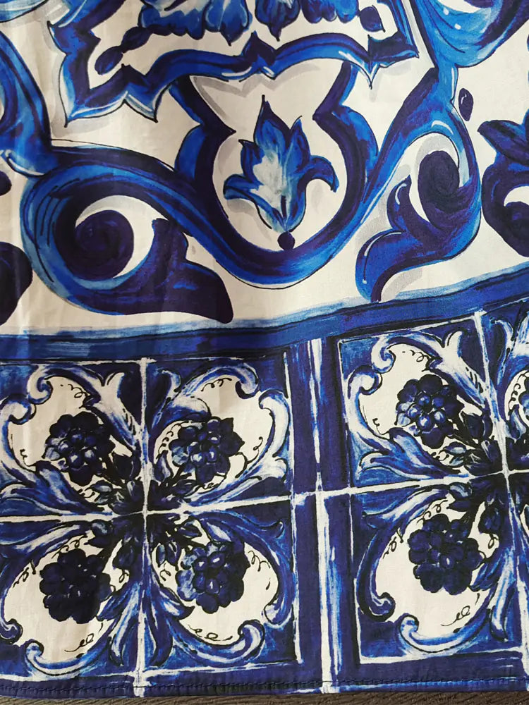 Navy Blue Floral Print Cotton Short Skirt for Women