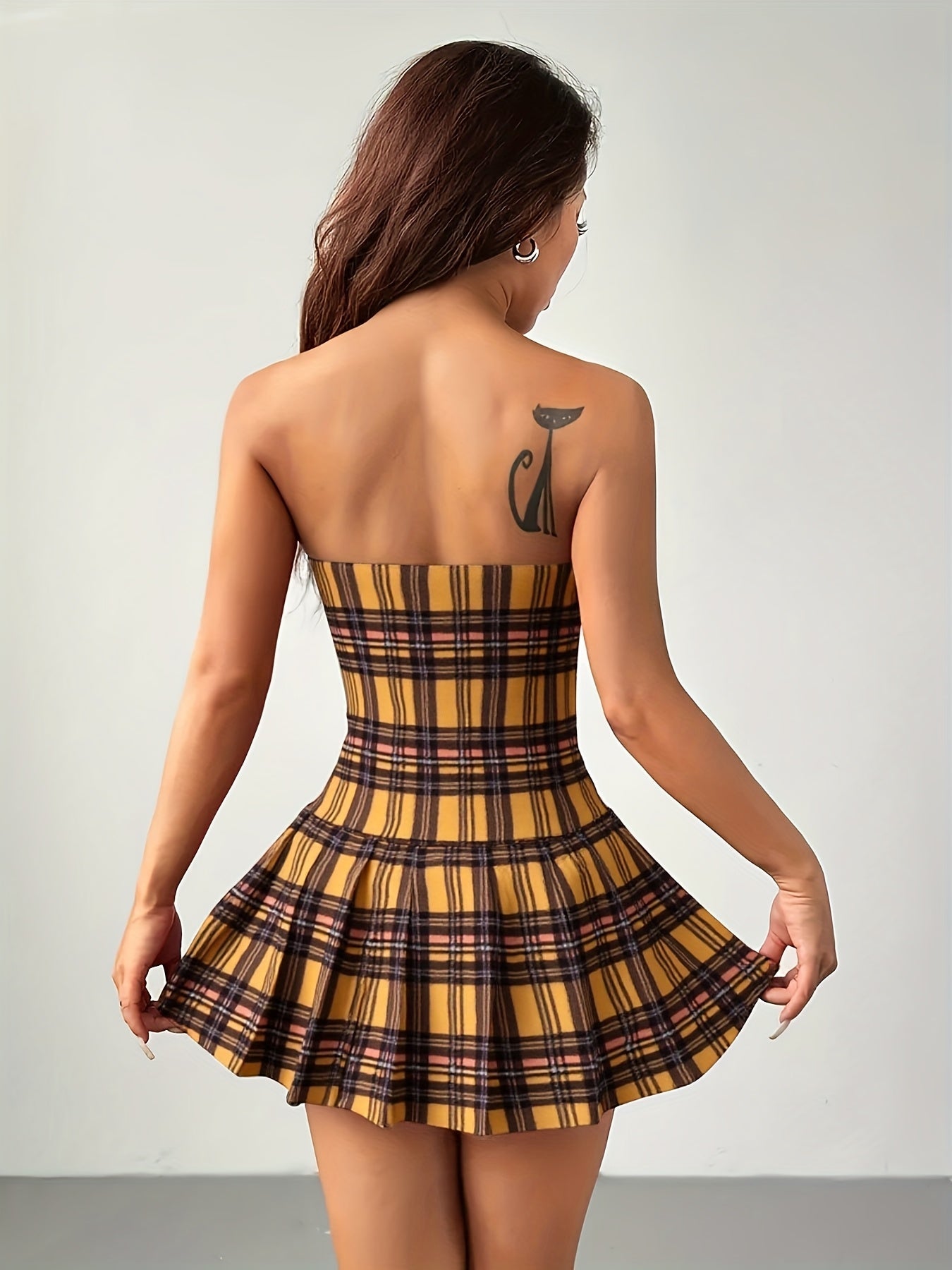 Sexy Yellow Black Plaid Strapless Summer Tube Dress