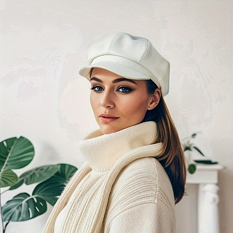 Retro British Faux Leather Beret Warm Stylish Versatile
