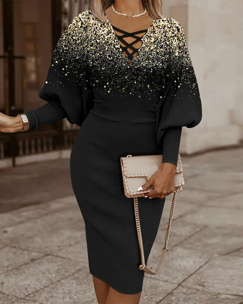 Elegant Women's V-Neck Long Sleeve Pencil Dress