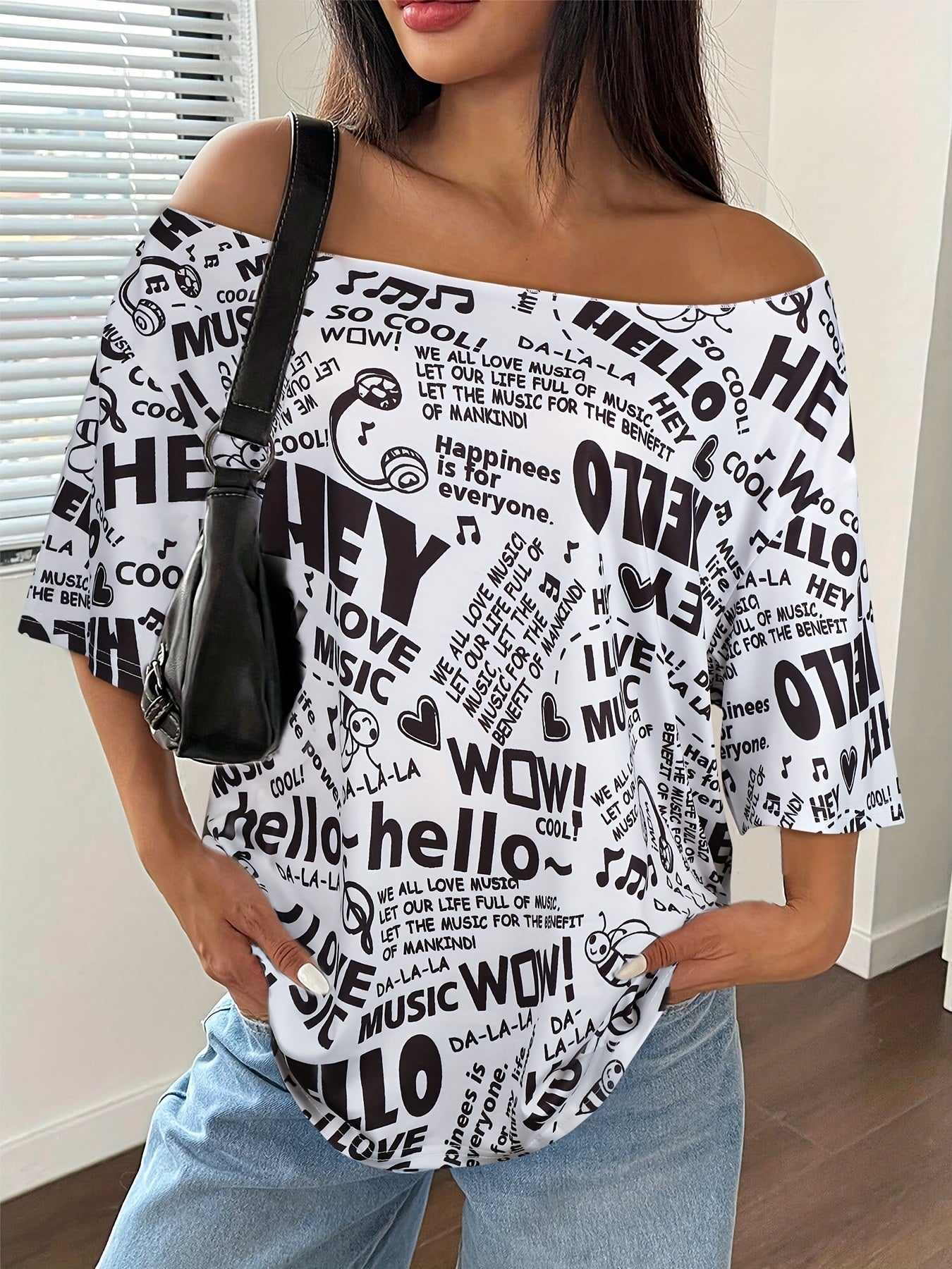 Plus Size Off Shoulder HELLO MUSIC Tee  Chic Summer