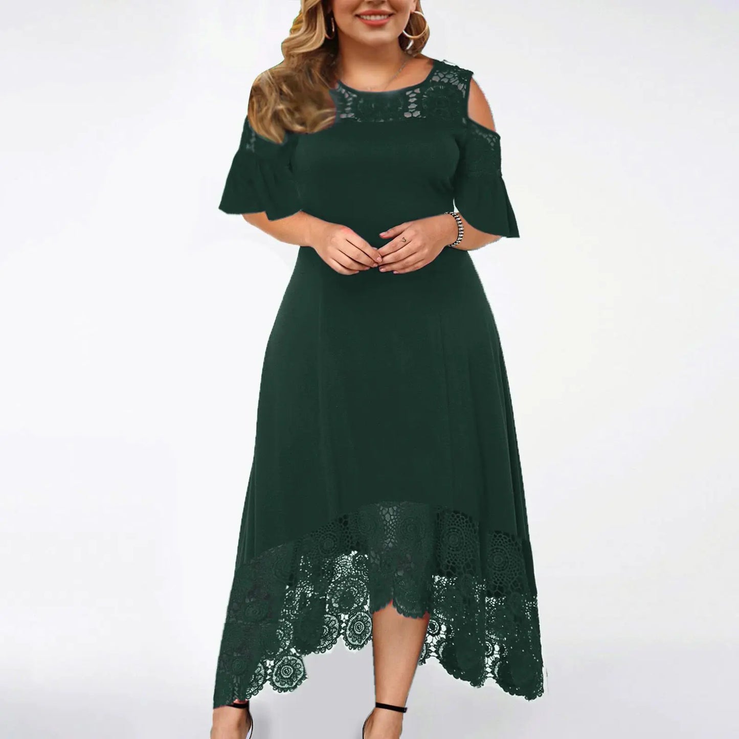 Trendy Plus-Size Gradient Lace Shoulder Dress for Women