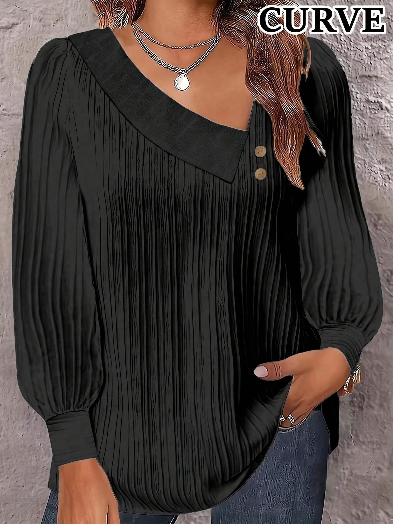 Chic Plus Size V-Neck Blouse Decorative Buttons Glossy  Top