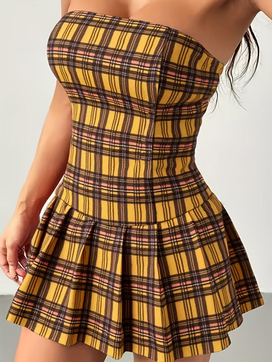 Sexy Yellow  Black Plaid Strapless Summer Tube Dress
