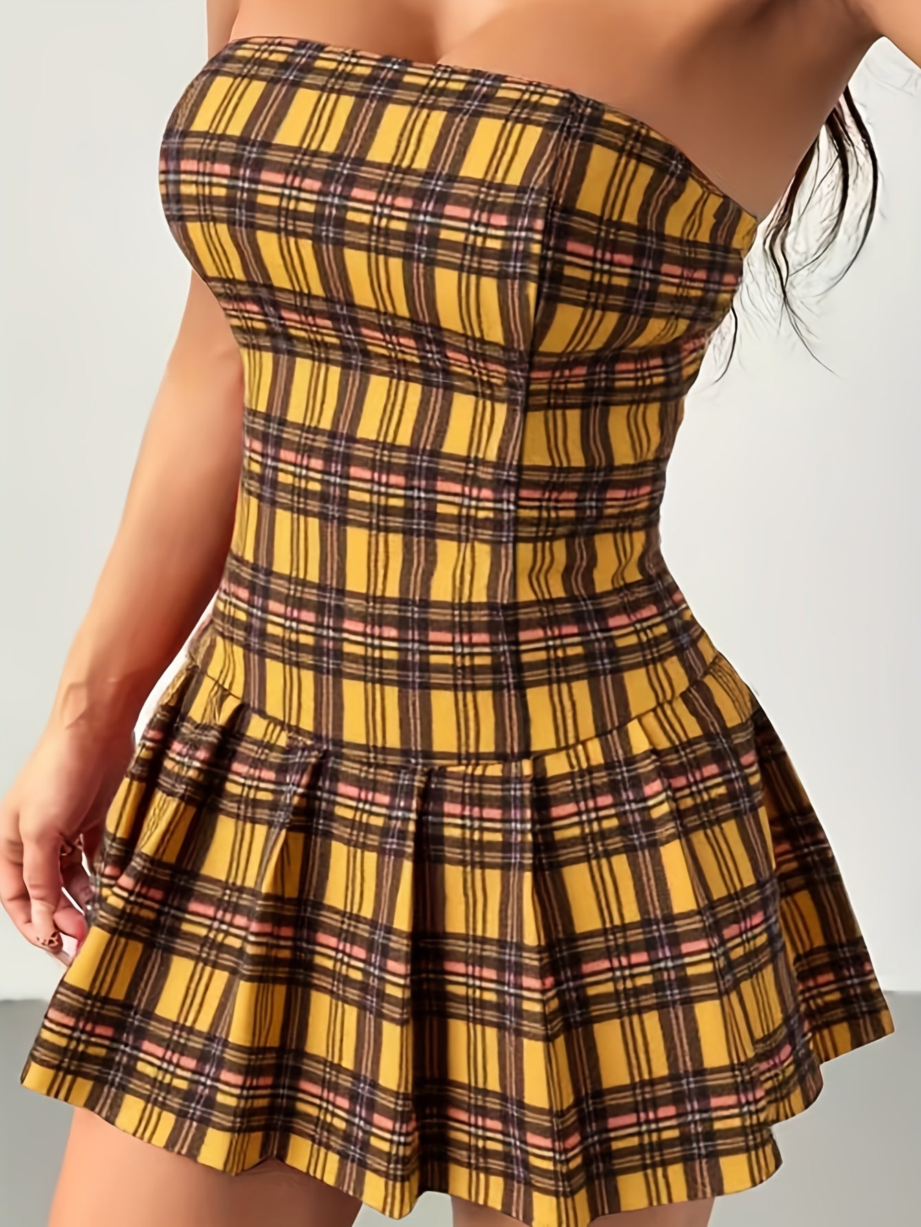 Sexy Yellow Black Plaid Strapless Summer Tube Dress