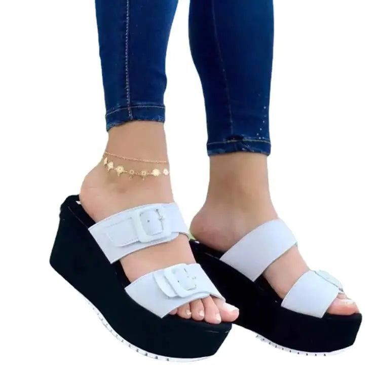 Wedge Heel Platform Slippers with Belt Buckle