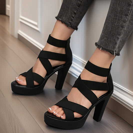 Chic All Black Chunky Platform Open Toe Heels