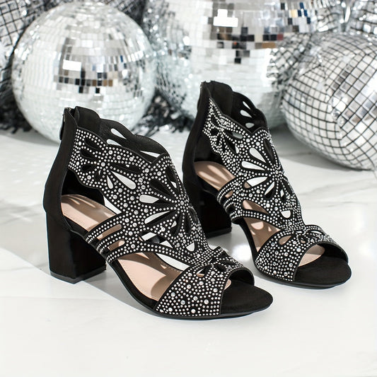 Elegant Formal  Black Floral Cut Out Heels Sandals
