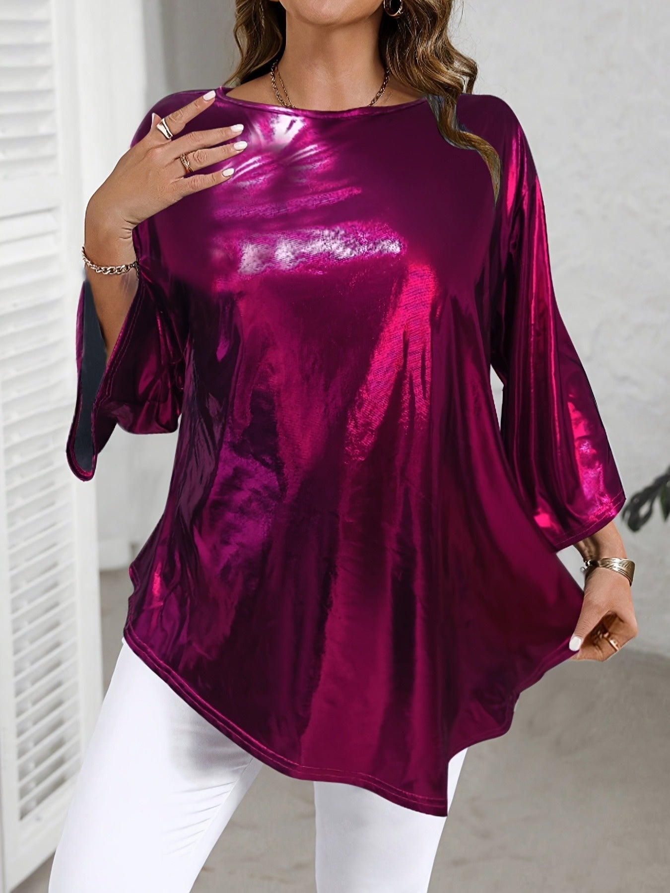 Metallic Asymmetrical 34 Sleeve Trendy Plus Size Top